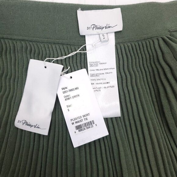 3.1 Phillip Lim Wool Blend Pleated Tie Waist A-Line Skirt in Army Green - Picture 11 of 11
